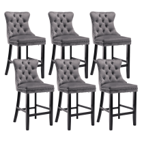 27" Contemporary Padded Bar Stools, Tufted Velvet Upholstered Barstools with Button Tufted Decoration, Chrome Nailhead Trim, Footrest and Solid Wood Legs (Gray,Set of 6)