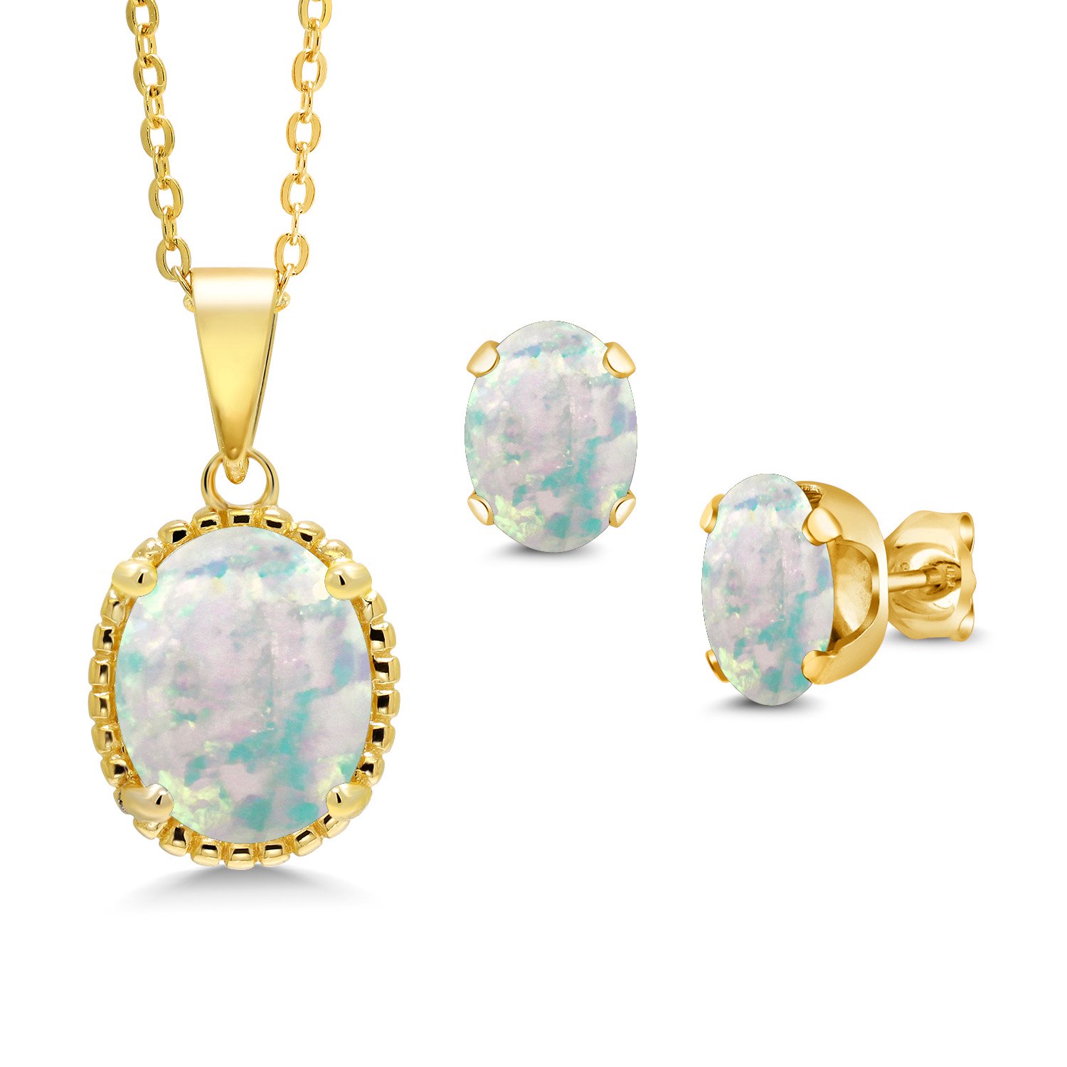 Gem Stone King 4.00 Ct Oval Cabochon White Simulated Opal 18K Yellow Gold Plated Silver Pendant and Earrings Jewelry Set