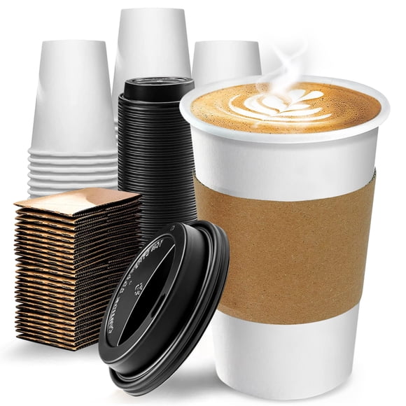 Berry Green 100 Vasos para Café Resistentes con Tapa y Manga Protectora, Perfecta Para Café, Té y todo Tipo de Bebidas Calientes, sin Derrames, Biodegradables (16 Onzas)