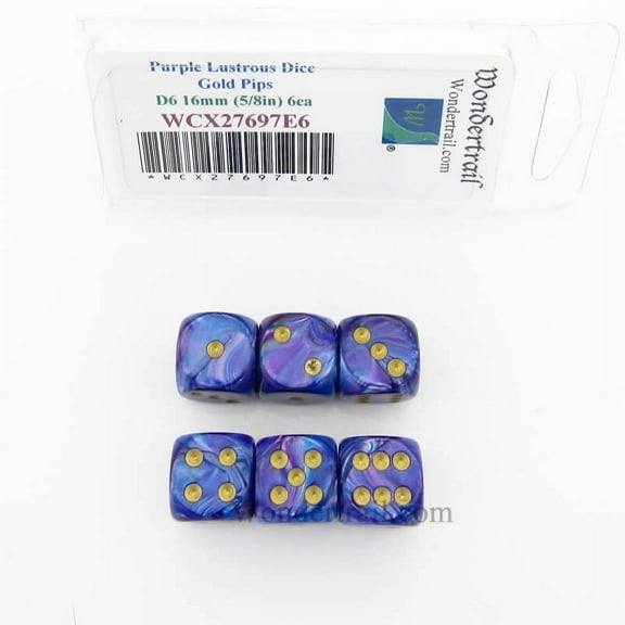 Purple Lustrous Dice with Gold Pips 16mm (5/8in) D6 Set of 6 Wondertrail