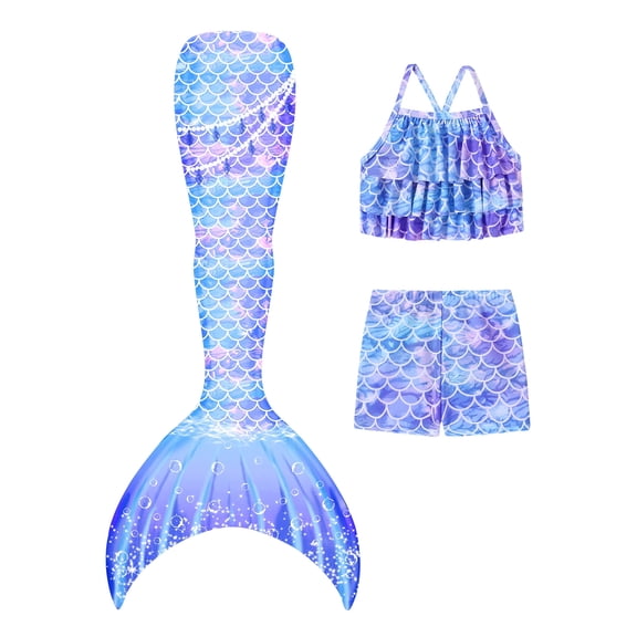 CARETOO Girls Swimsuit 3PCS Mermaid Tail Swimming Suits Kids Summer Tankini Set Multi Ruffled Halter Colorful Fish Scale Pattern Swimwear 4-10 Years Princess Bathing Suit