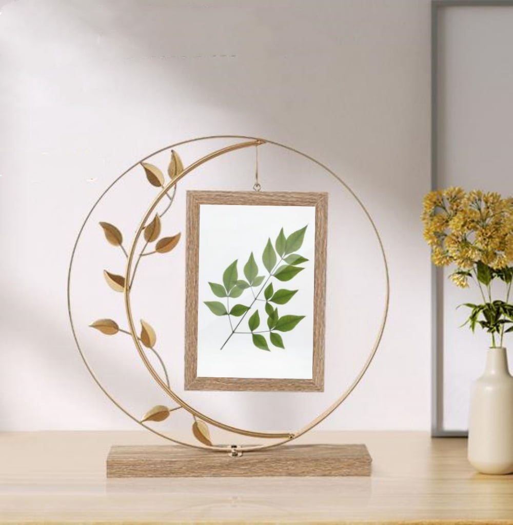 Picture Frame, Kvago Double-Sided Hanging Picture Frame Holds 4x6 Inch Vertical Photos, Family Office Desk Rustic Display Metal Tree Wooden Photo Frame, Gift for Mom Grandma Women Adults (Gold)