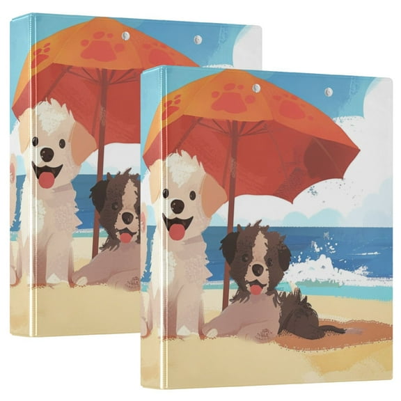 Dogs Sea Beach Sun Umbrella 3 Ring Binders 1.5 inch Hardcover File Folders with Interior Pockets A4 Size Organizer for School Office Hospital Set of 2