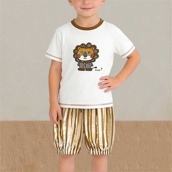 HVOBTTY Toddler Kid's Print Crew Neck Short Sleeve Top Elastic Waist Stripe Pant 2 Piece Casual Outfit Suits