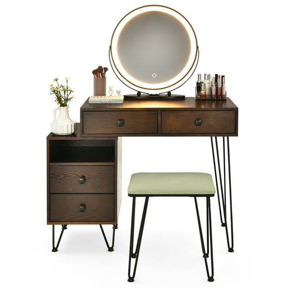 Topbuy Bedroom Makeup Vanity Dressing Table Stool Set with 3 Colors Lighted Mirror Large Storage Cabinet Drawer Walnut
