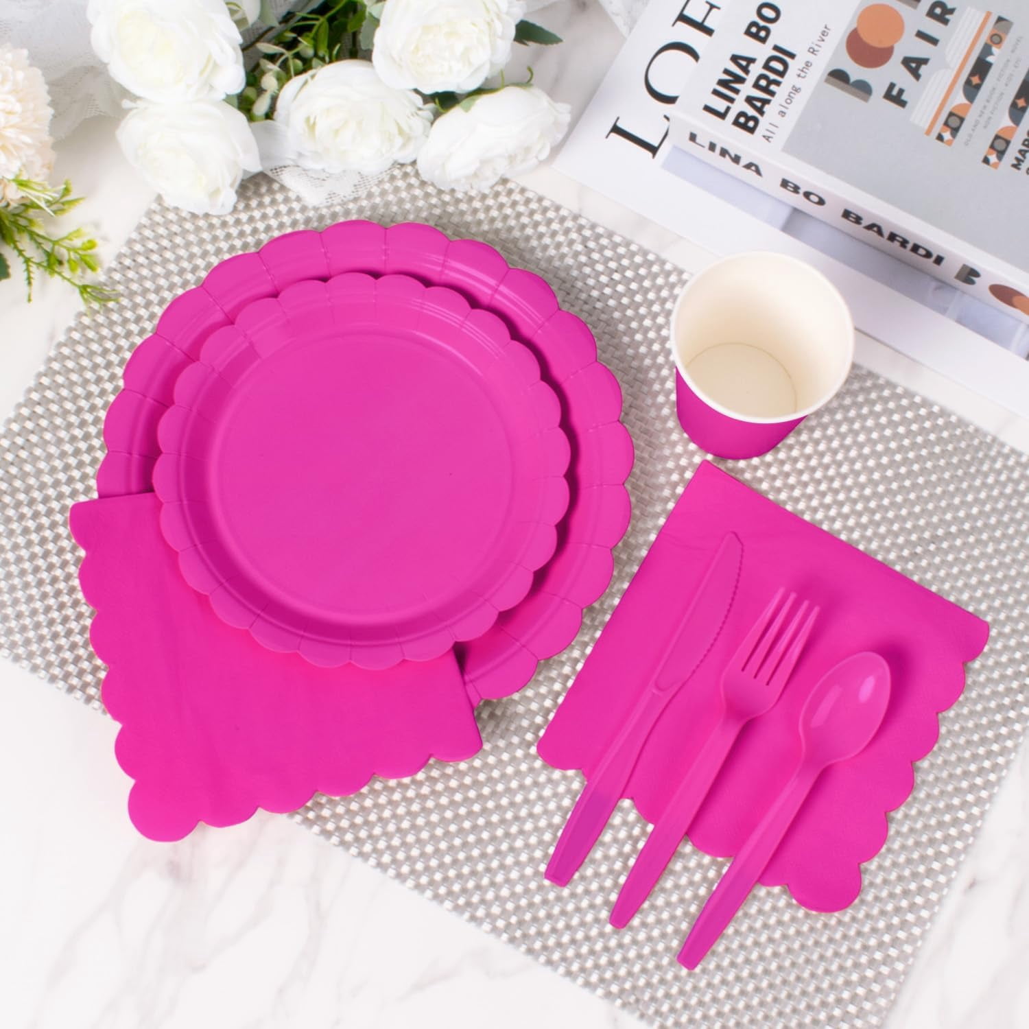 175 Pcs Hot Pink Disposable Paper Plates and Napkins Set for 25, 9" Dinner Plates & 7" Dessert Plates, Tableware for Birthday, Bachelorette, Party