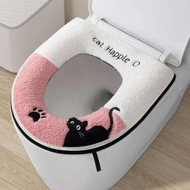 Funda de inodoro de felpa con adorables gatos negros | Cojín de baño impermeable y cálido para el invierno | Forro polar suave, universal para inodoros OVU | Fácil de limpiar con cremallera