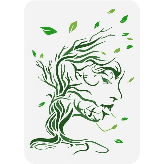 Tree Woman Painting Stencil 8.3x11.7inch Hollowed Trees Branches Leaves Stencil for Painting Plastic PET Woman Face Drawing Template Large Tree DIY