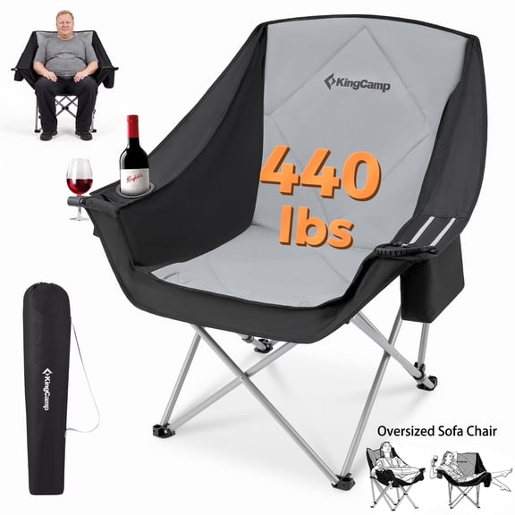 KingCamp Oversized Fully Padded Camping Chair for Adults, Support 330lbs Outdoor Folding Camping Sofa Chair with Pocket, Heavy Duty Folding Round Camping Chair, Black Light Grey