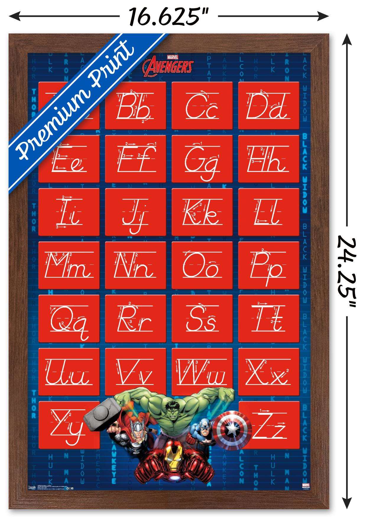 Marvel Comics - Avengers - Alphabet - Write Letters Wall Poster, 14.725" x 22.375", Framed