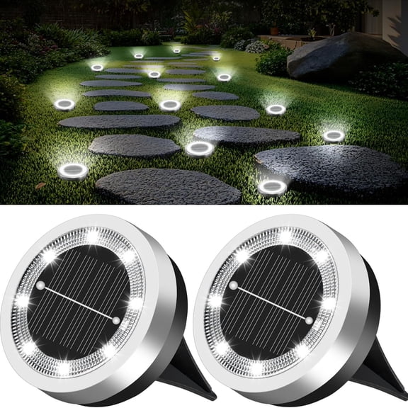 DUKOU Mini Solar Ground Lights 2Pcs Outdoor Ip65 Waterproof Solar Flat Garden Light Solor Powered Disc Pathway Lights for Outside Walkway Yard Landscape Patio Lawn Driveway-Cool White