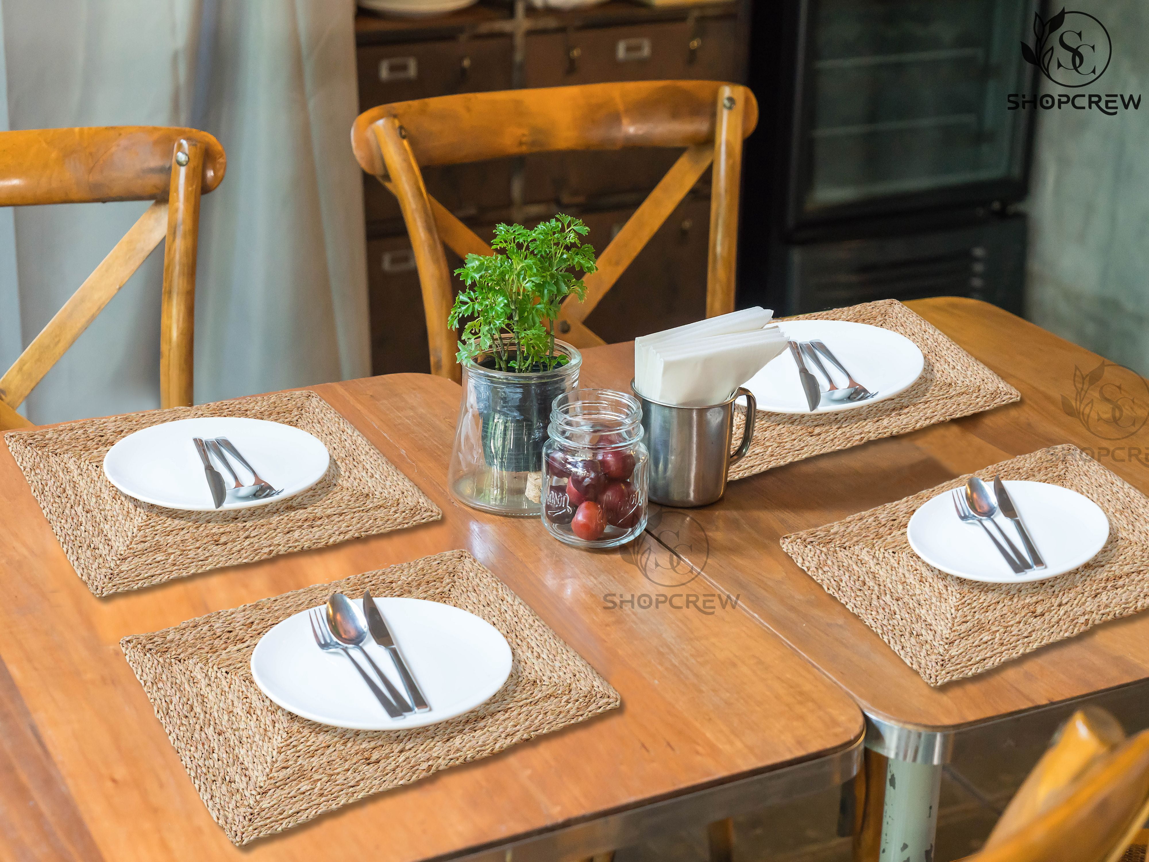 SHOPCREW Set of 2 Braided Jute Placemat - 12" x 17" - Beige Jute Table Place Mat- 100% Jute Heat Resistance Placemats Home Kitchen Dining Table Decor