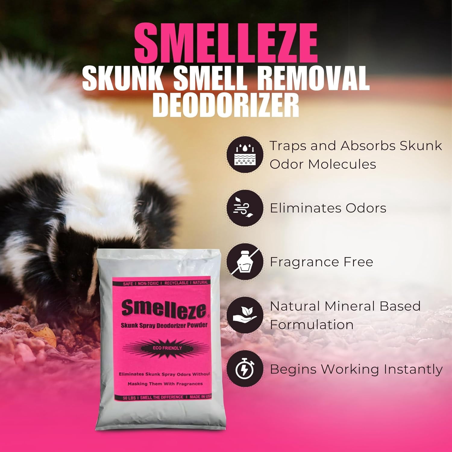 SMELLEZE Eco Skunk Spray Odor Eliminator: 50 lb. Powder Gets Foul Stench Out