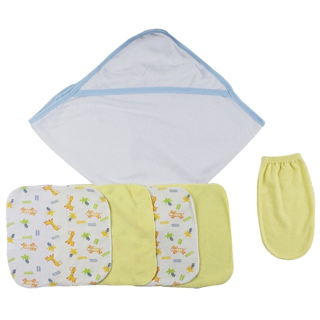 Blue Hooded Towel, Washcloths and Hand Washcloth Mitt - 6 Pc Set
