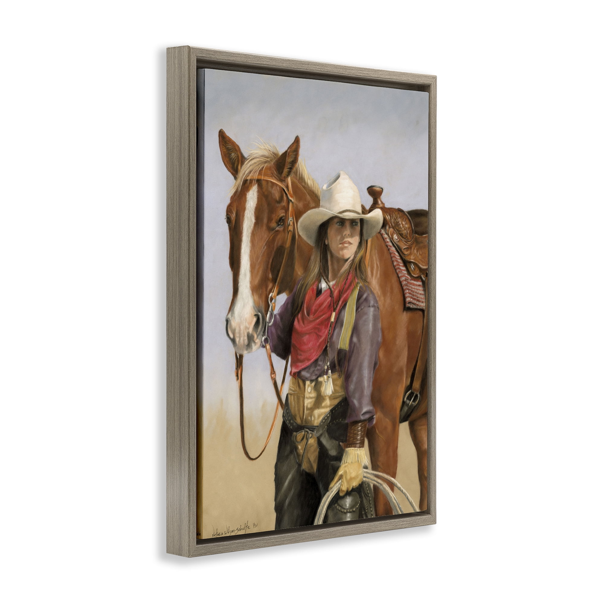 Stupell Industries Powerful Female Cowgirl Animals & Insects Painting Brown Floater Framed Canvas Art Print Wall Art, 21 x 31
