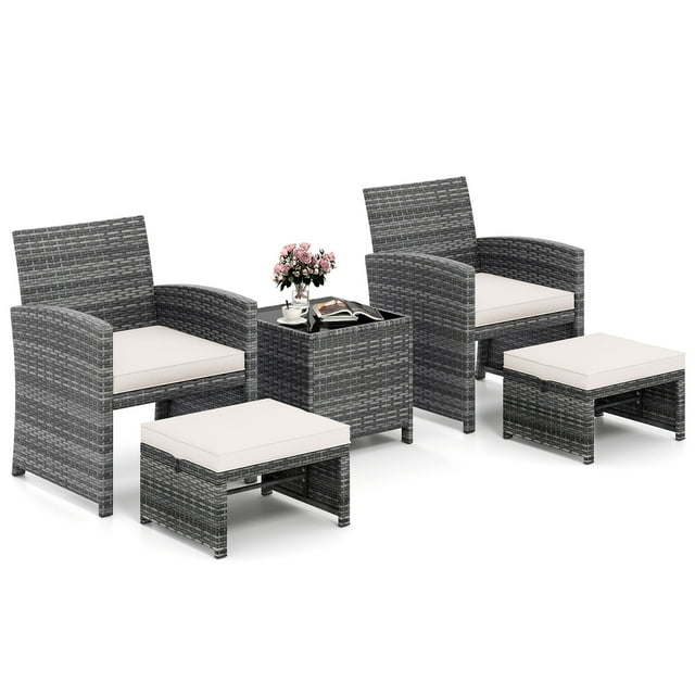 Gymax 5 Pieces Patio Furniture Set PE Wicker Lounge Chairs w/ 2 Ottomans White Outdoor