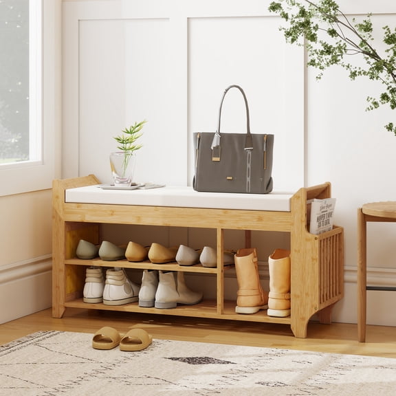 HOMCOM Shoe Bench with Cushioned Seat Shoe Storage Bench with Side Umbrella Holder for Entryway Natural Cream