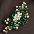 thumbnail image 3 of Nvzi Horquillas para el pelo de boda con flores para novias, peinetas con perlas de cristal, pinzas para el pelo, accesorios para el pelo de boda dorados, joyas, color verde, 3 of 5