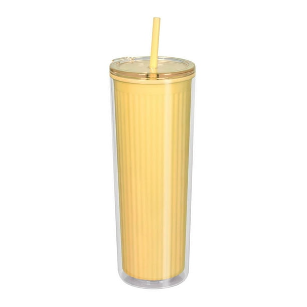 Vaso de plástico doble pared con popote y tapa push-neli amarillo 8.6 x 22.7
