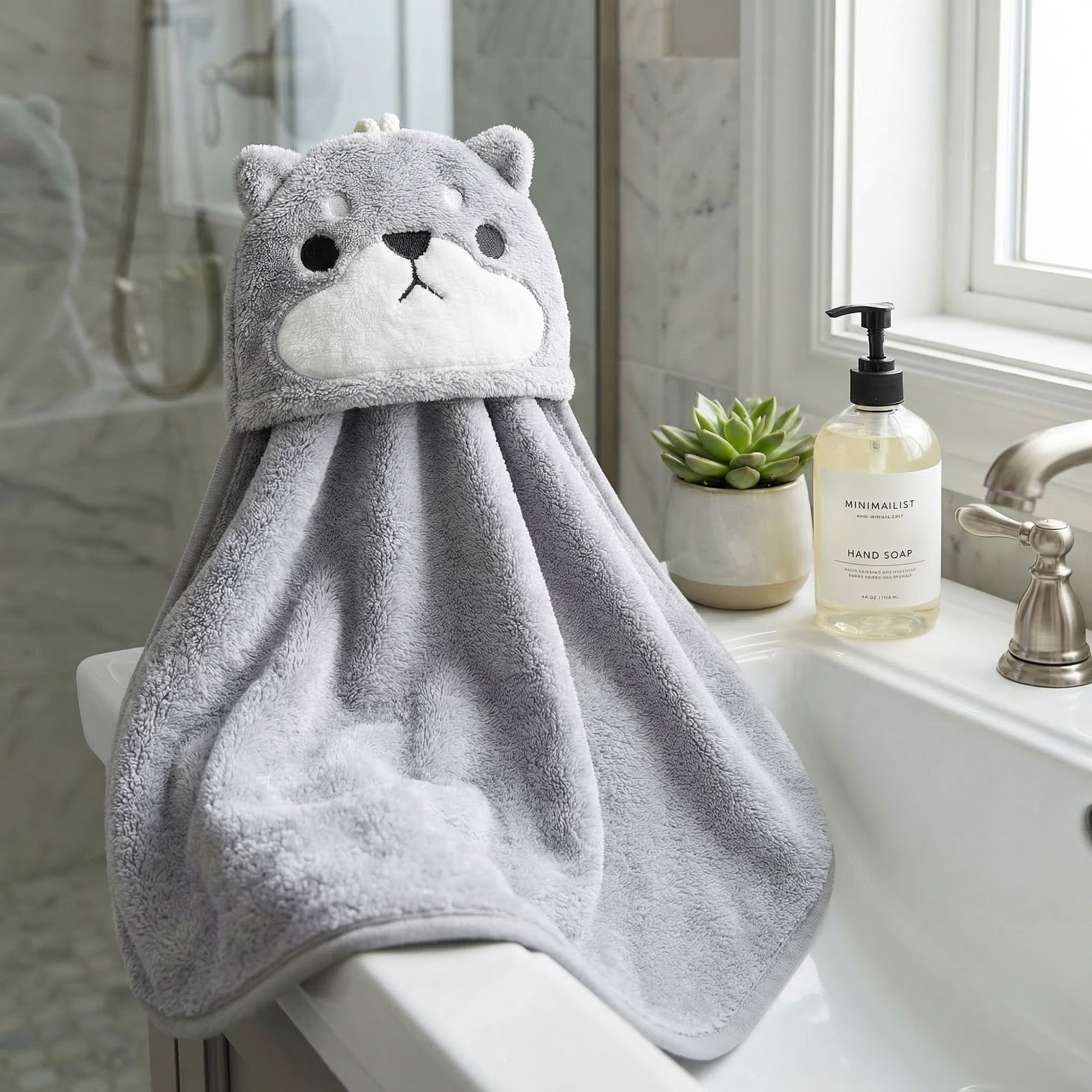 Unique Bargains Animal Hanging Soft Absorbent Hand Towel Grey Shiba Inu 15" x 8"