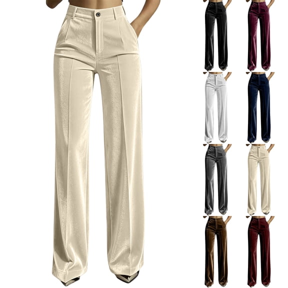 Womens Velvet Wide Leg Pants Elastic High Waisted Palazzo Pants Business Work Casual Trousers with Pockets Khaki XL(XL)