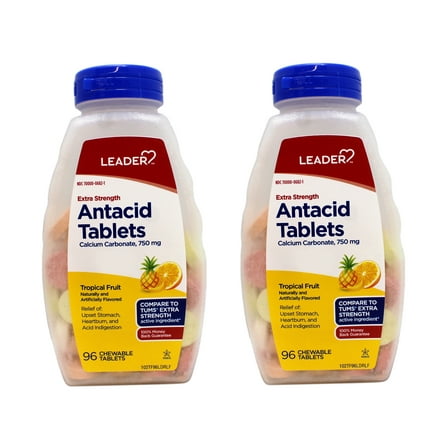 2 Pack - Leader Extra Strength Antacid Chewable Tablets, Fast Relief of Heartburn and Acid Indigestion Reflux, Tropical Fruit, 96 Count