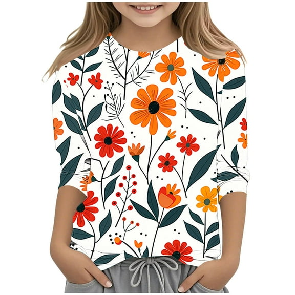 Ugoldhm Girls Floral Printed Shirts Casual Crewneck 3/4 Sleeve Tops Fall Winter Undershirts