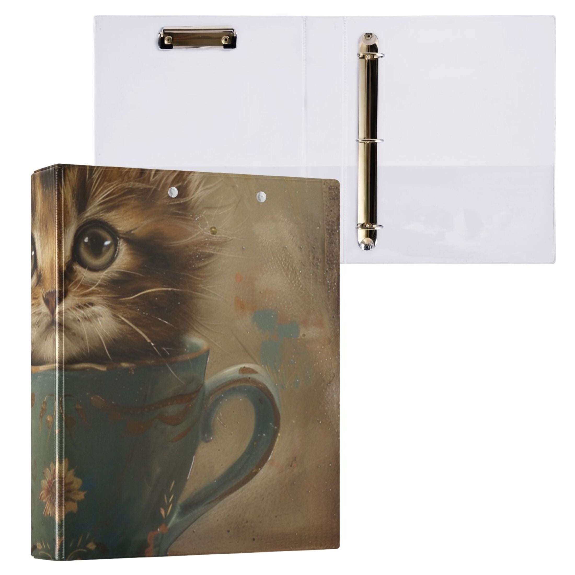 Cat in Cup 3 Ring Binders 1.5 inch Hardcover File Folders with Interior Pockets A4 Size Organizer for School Office Hospital