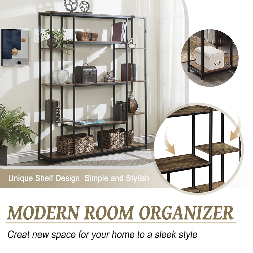 Resenkos 5 Tier Tall Industrial Bookcase Wood Metal Frame Standing Book Shelf, Display Bookshelves Storage Organizer, Tiger