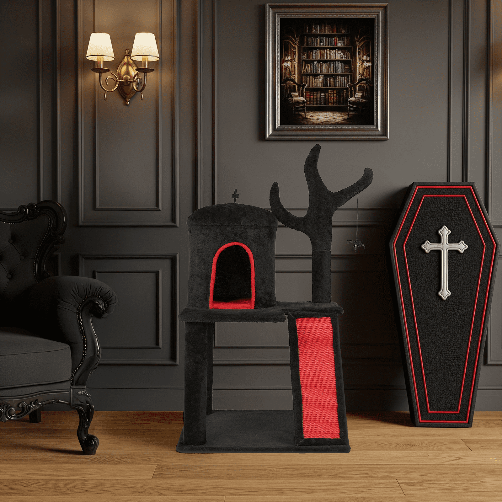 Zephypaws 42" Black Gothic Halloween Cat Tree, Indoor Cat Tower with Condo, Branch Scratching Post, Ladder & Spider Toy, Red & Black Design