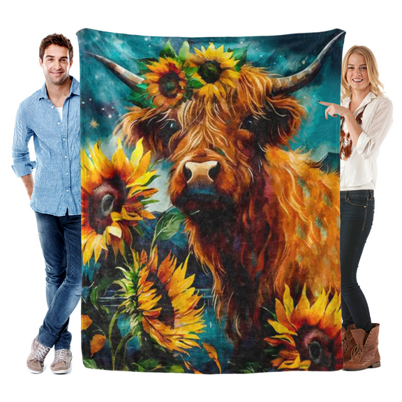 Highland Cow Blanket Cute Cow Sunflower Plush Throw Blanket Super Soft Cozy Warm Fleece Highland Cattle Blanket Gifts for Kids Girls Boys Women Sofa Couch Living Room Bed Camping Travel