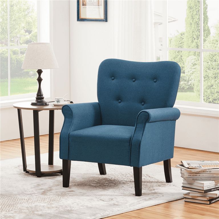 Yofe Comfy Mid-Century Modern Blue Velvet Upholstered Living Room Accent Chair, Wood Frame Arm Chair with Waist Cushion