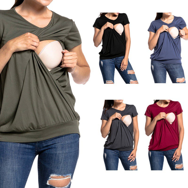 Ekouaer Women's Nursing Tops Maternity Shirts for Breastfeeding Double Layer Short Sleeve Pregnancy T-Shirts with Pockets 