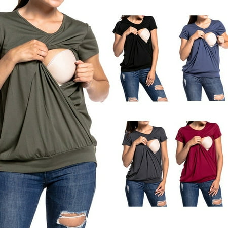

Women s Maternity Nursing Top Breastfeeding Round Neck Top Tee Shirt Double Layer short-sleeved Pregnancy Shirt