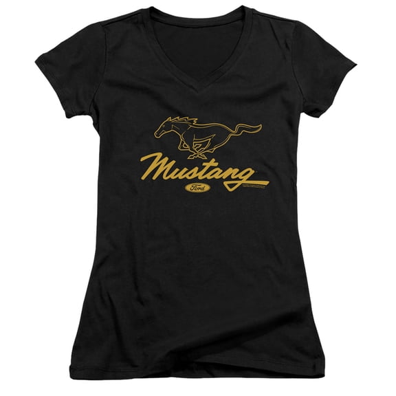 Ford Mustang Pony Script Junior Women's V-Neck T-Shirt Black