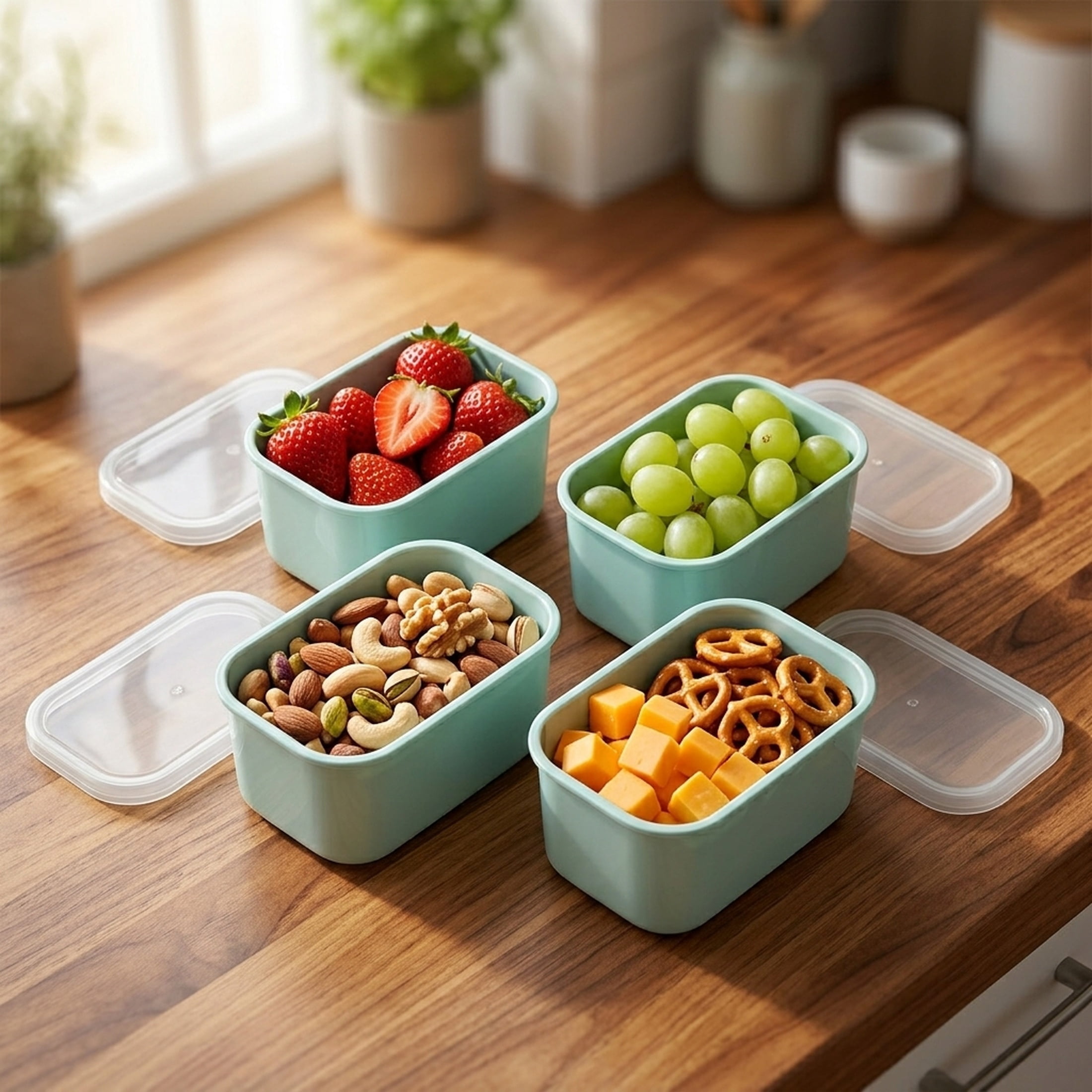 Cook with Color 4 Piece Snackle Box Pods with Lids, Sage, Portable and Dishwasher Safe, Well Suited for Sausces, Snacks, and Small Lunch Items