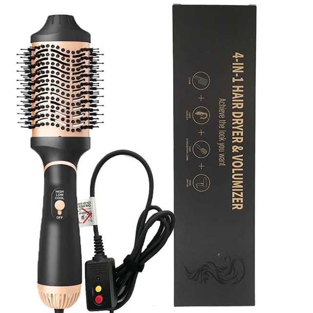 Secador de pelo con cepillo y alisador en un solo paso, 4 en 1, voluminizador y moldeador mejorado con iones negativos, cerámica antifrizz, barril de titanio, cepillo de aire caliente y plancha (dorad