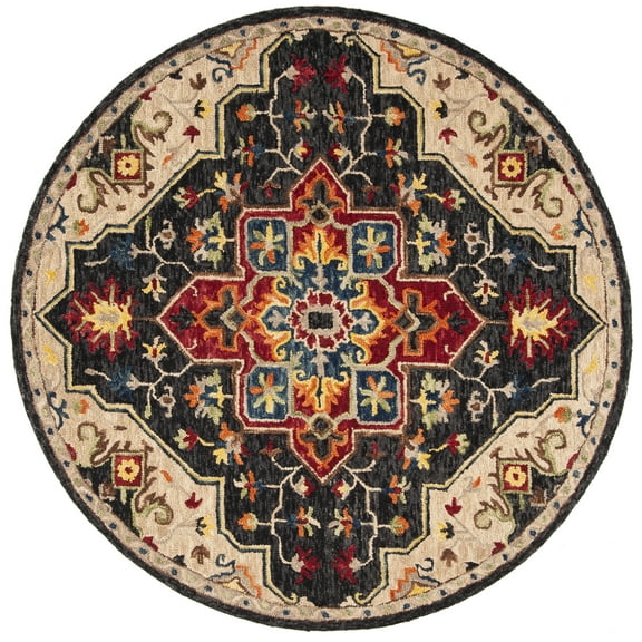 SAFAVIEH Aspen Ellie Floral Bordered Wool Area Rug, Charcoal/Cream, 9' x 9' Round