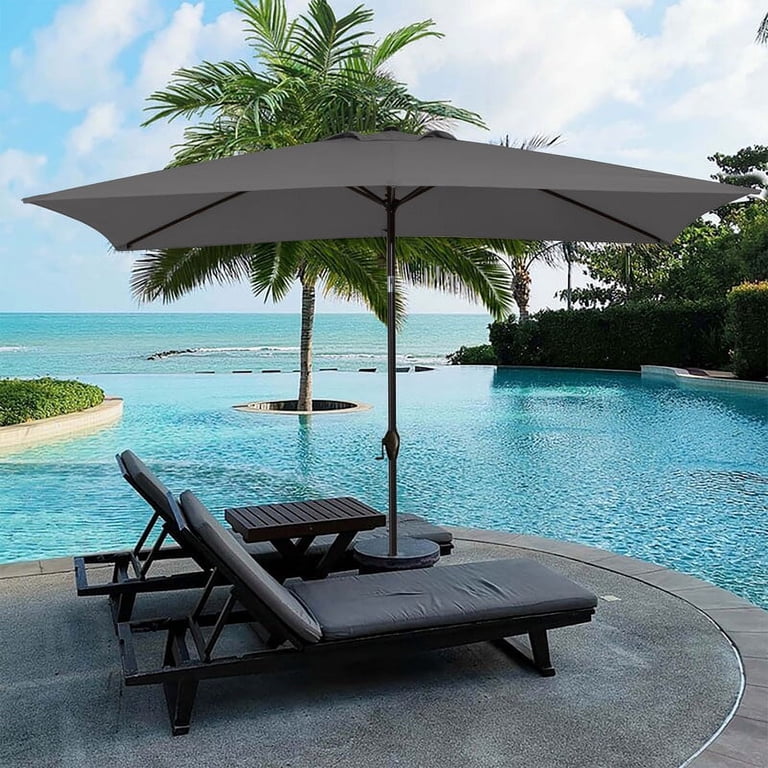 gray rectangle patio umbrella PURPLE LEAF Market 6' x 10' Business Semi Auto Lift, or placed beside the swimming pool to shade your outdoor chaise lounge or paired with your outdoor furniture to provide you with a shady area Garvee 15' Large Patio Umbrella