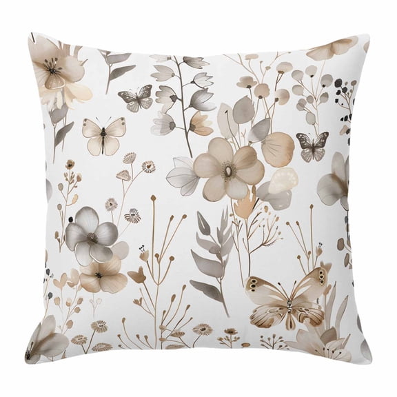 Pillow Covers 24x24 Inch, Brown Grey Floral Spring Linen Pillowcase with Invisible Zipper, Watercolor Botanical Butterfly Decorative Throw Pillow Covers Cushion Case for Couch Sofa Bed Living Room