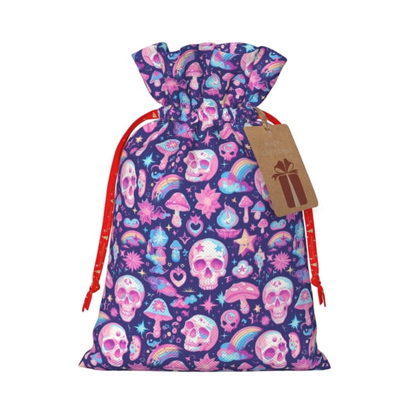 Honeii mushroom rainbow color Skull Print Small Burlap Bags,Christmas Drawstring Treat Bags Gift Bags Reusable Candy Goodie Wrapping Bags for Holiday Party Favors Supplies -Small
