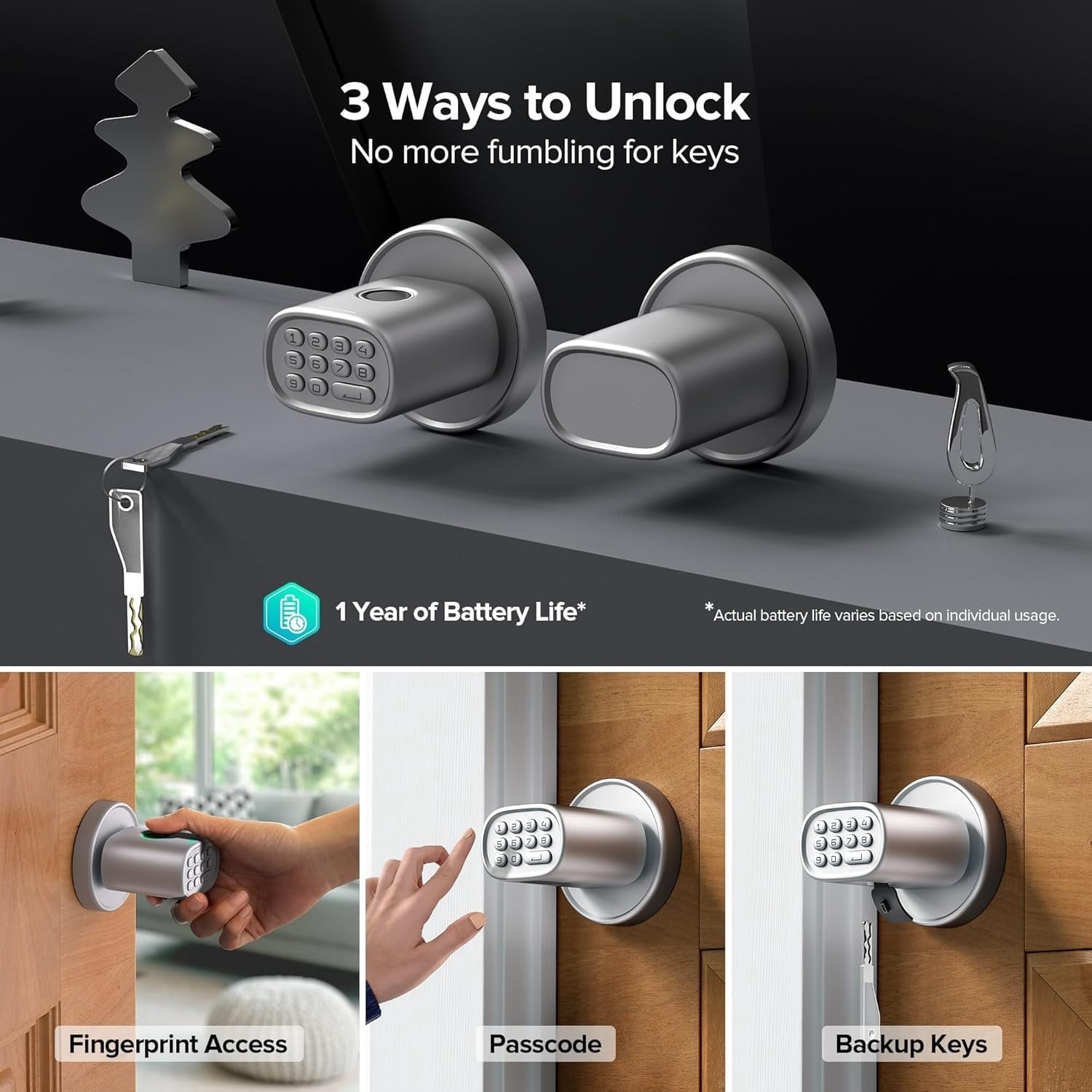 Keyless Entry Door Lock, Fingerprint Door Lock with Keypad Biometric Door Knob, Auto-Lock for Interior Doors Thickness up to 2-1/4", Bedroom, Home Office, Garage, 4xAA Alkaline