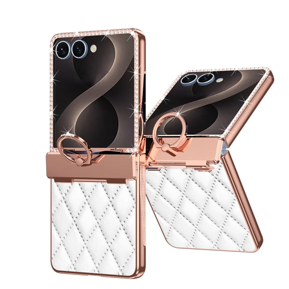 for Samsung Galaxy Z Flip 8 Case Hinge Protection with Finger Ring Holder, Premium PU Leather Hybrid PC All-Inclusive Diamond Bling Phone Case for Samsung Galaxy Z Flip 8, White