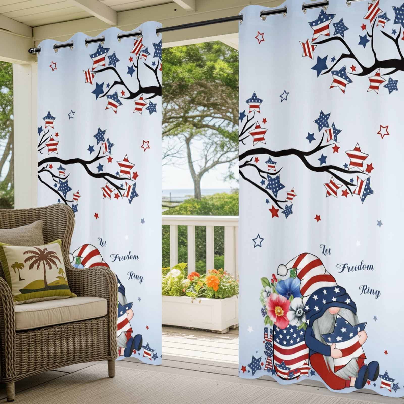 Independence Day Outdoor Curtains for Patio, Patriots Dwarfs US Flag Star Poppy Sunshade Privacy Drapes Grommet Waterproof Outside Curtains for Porch/Cabana/Balcony 54"x 108", 1 Panel