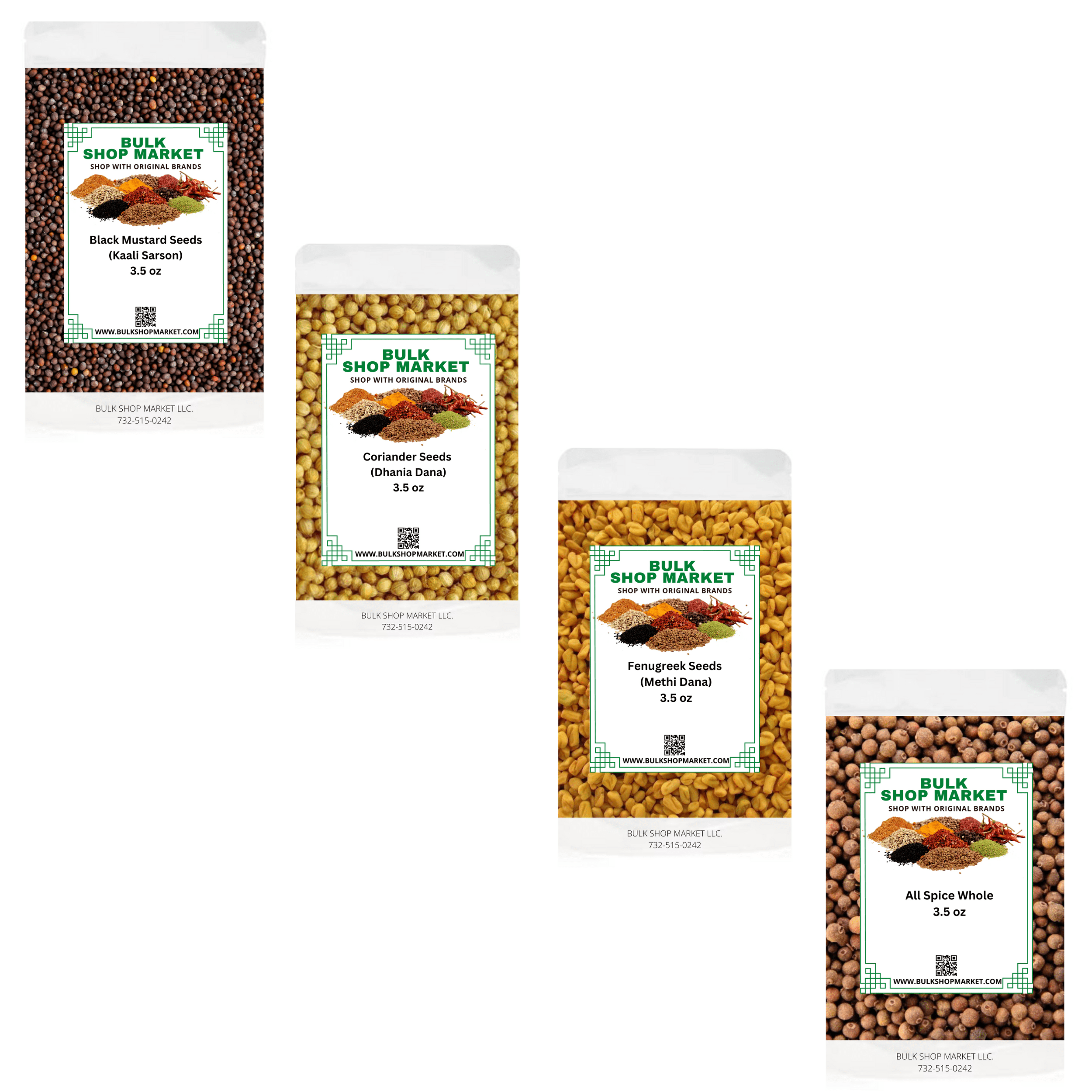 4 PACKS SPICES ALL SPICE,BLACK MUSTARD SEED,CORIANDER SEED,FENUGREEK SEED