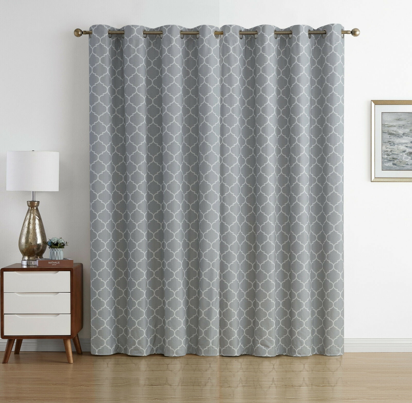 Shabby Trellis 2 Pack 100% Max Blackout Thermal Trellis Grommet Top Curtains - 96 in. Long, Gray