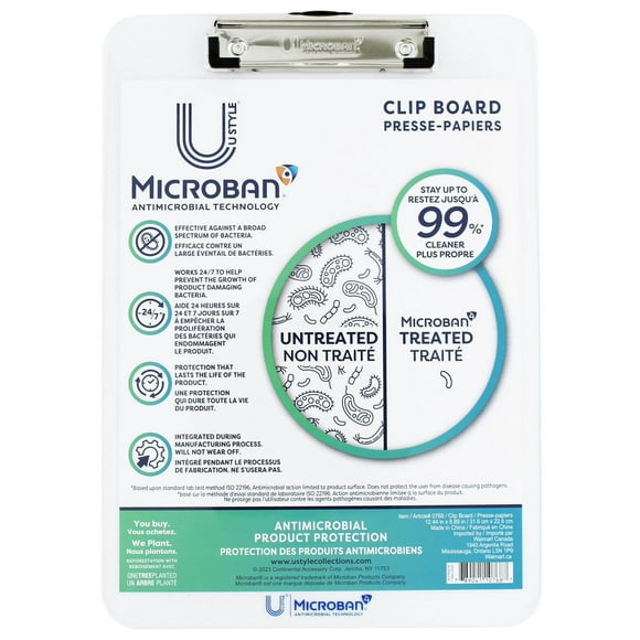 Planchette à pince en acrylique antimicrobien U Style avec Microban ®, 31,59 cm x 22,58 cm, pince à profil bas, transparent