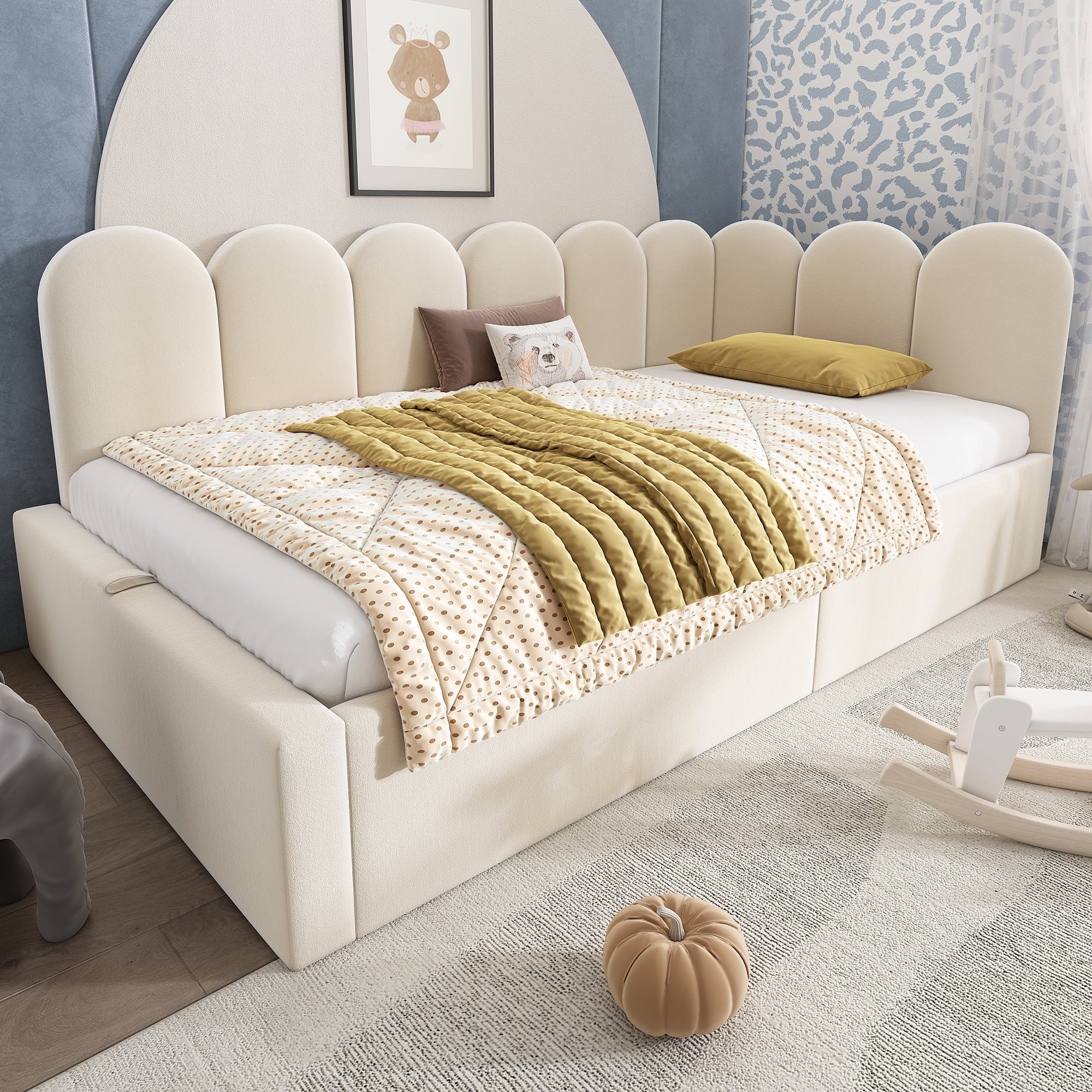 Euroco Upholstered Daybed with Hydraulic Storage, Twin Size Sofa Bed with Metal Slats, Beige
