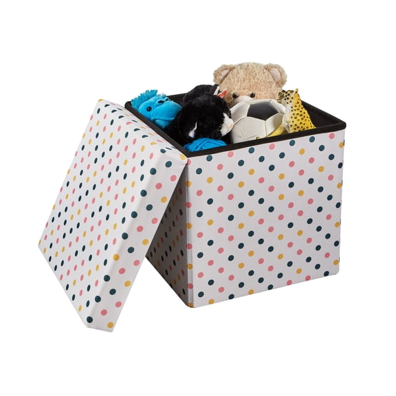 Kvell Kids 15 Inch Collapsible Toy Storage Bin with Polka Dot Design and Removable Lid