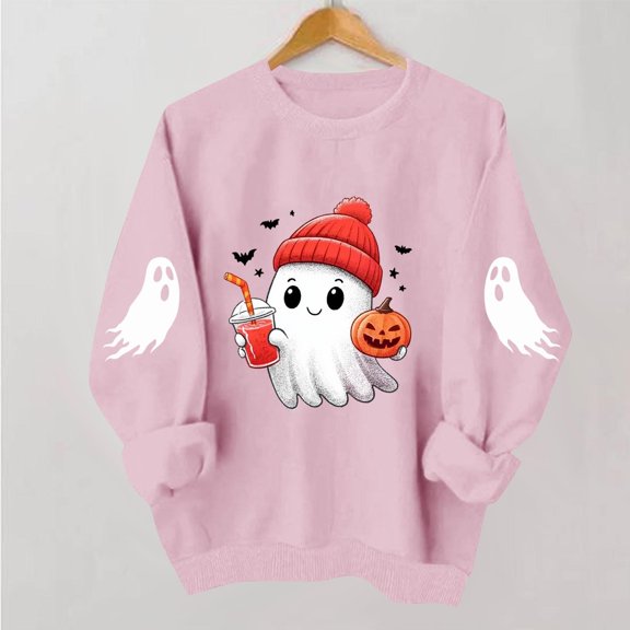 Halloween Shirts for Women Cute Spooky Ghost Print Pullover Sweatshirts Long Sleeve Crewneck Fall Clothes Tops Casual Comfortable Festive Fall Sweaters